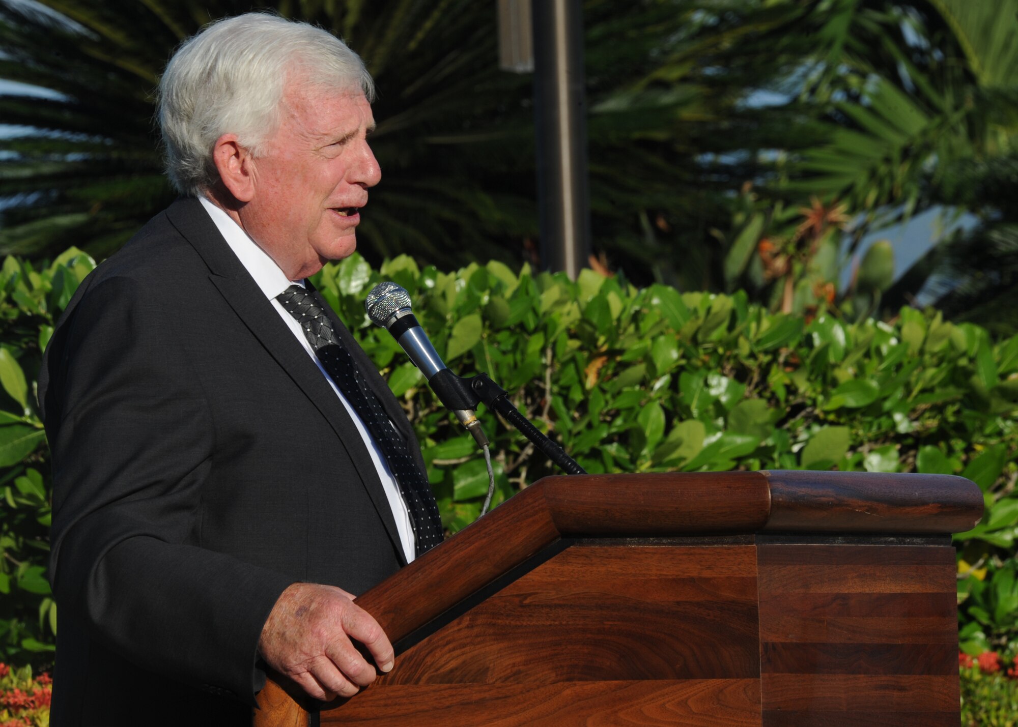 Former prisoner of war, retired Col. Henry Fowler describes his 2,157 days he spent in captivity in Hoa Lo Prison, infamously know as Hanoi Hilton, during the POW/MIA remembrance ceremony at Missing Man Formation, Joint Base Pearl Harbor-Hickam, Hawaii, Sept. 20, 2013. Fowler was an F-4 Phantom pilot deployed to Vietnam when his plane was struck and was forced to eject from his aircraft, and was subsequently y captured as a POW. (U.S. Air Force photo/Tech. Sgt. Jerome S. Tayborn)