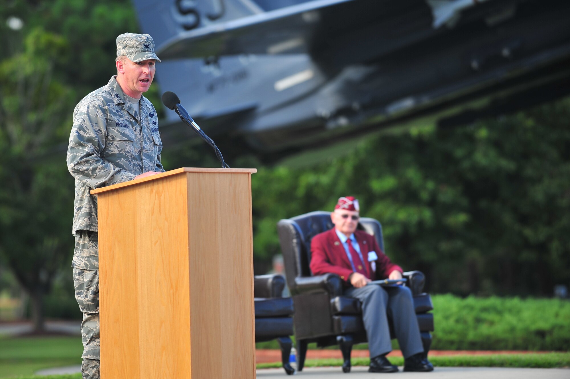 U.S. Air Force Col. Evan Pettus, 4th Fighter Wing vice commander, speaks during the 4th FW Prisoner of War/Missing in Action (POW/MIA) ceremony at Seymour Johnson Air Force Base, N.C., Sept. 20, 2013. Pettus thanked the ceremony’s guest speaker, retired Army Lt. Col. Ray Schrump, and spoke of America’s commitment to bringing home the remaining troops still unaccounted for. (U.S. Air Force photo by Senior Airman Aubrey White)