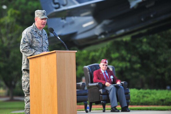U.S. Air Force Col. Evan Pettus, 4th Fighter Wing vice commander, speaks during the 4th FW Prisoner of War/Missing in Action (POW/MIA) ceremony at Seymour Johnson Air Force Base, N.C., Sept. 20, 2013. Pettus thanked the ceremony’s guest speaker, retired Army Lt. Col. Ray Schrump, and spoke of America’s commitment to bringing home the remaining troops still unaccounted for. (U.S. Air Force photo by Senior Airman Aubrey White)
