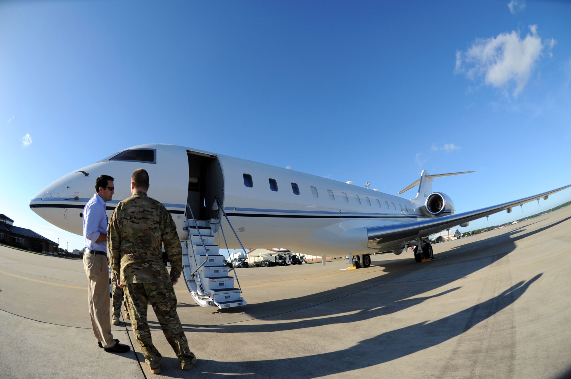 Air Combat Command received the latest E-11A aircraft equipped with the Battlefield Airborne Communications Node, or BACN, Sept. 18. The aircraft will be joining the rest of the BACN fleet at a deployed location in Afghanistan. (U.S. Air Force photo by Staff Sgt. Candace Page/Released)