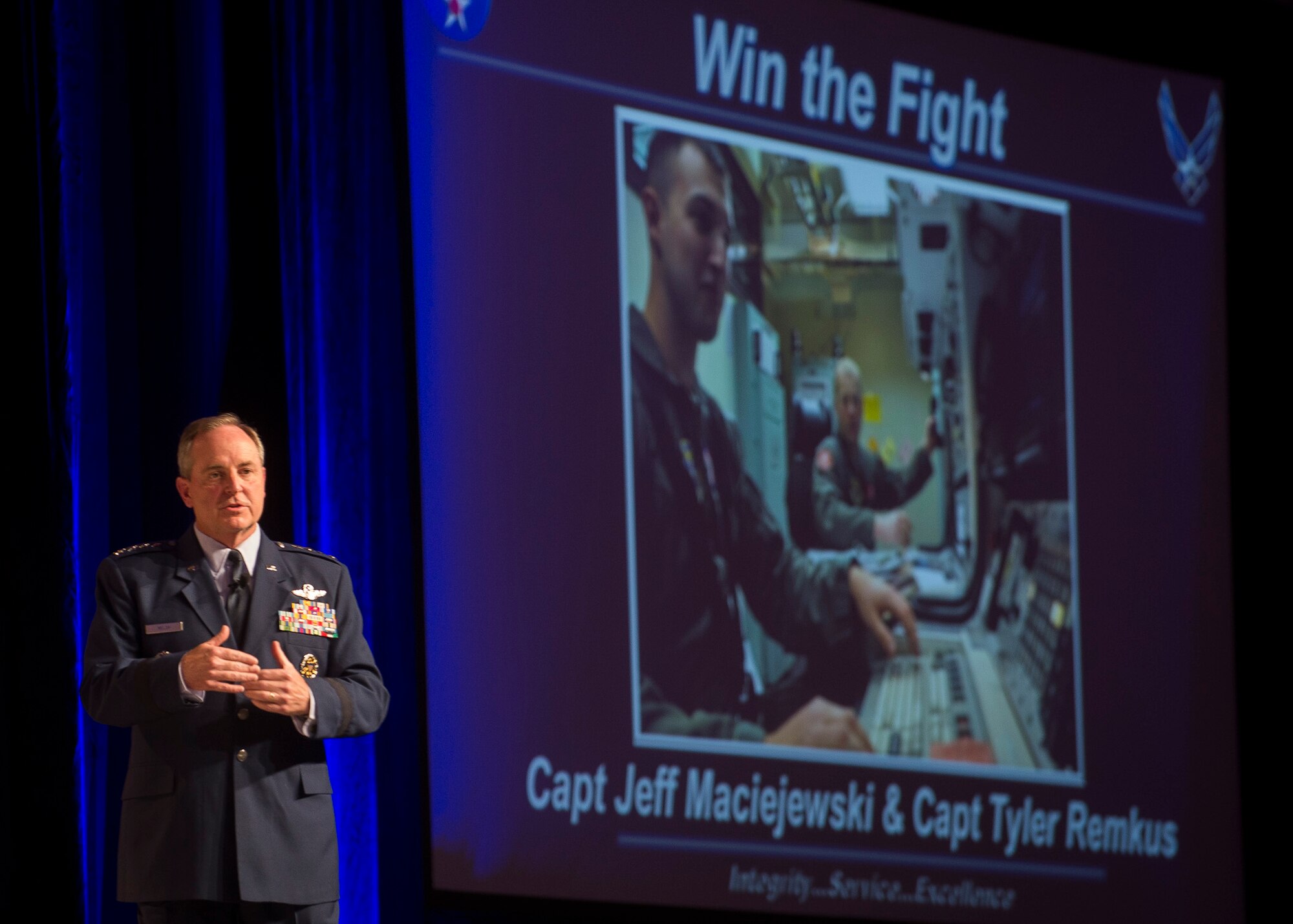 Air Force Chief of Staff Gen. Mark A. Welsh III recognizes Capts. Tyler Remkus and Jeff Maciejewski, missileers stationed at F.E. Warren Air Force Base, Wyo. during his “Air Force Update” speech the Air Force Association’s 2013 Air & Space Conference and Technology Exposition Sept. 17 in Washington, D.C. Remkus and Maciejewski stood before the crowd as Welsh referred to them as “the best ICBM team in the world.” The two missileers were instrumental in winning three team trophies during the 2012 Global Strike Challenge. (U.S. Air Force photo/Jim Varhegyi)