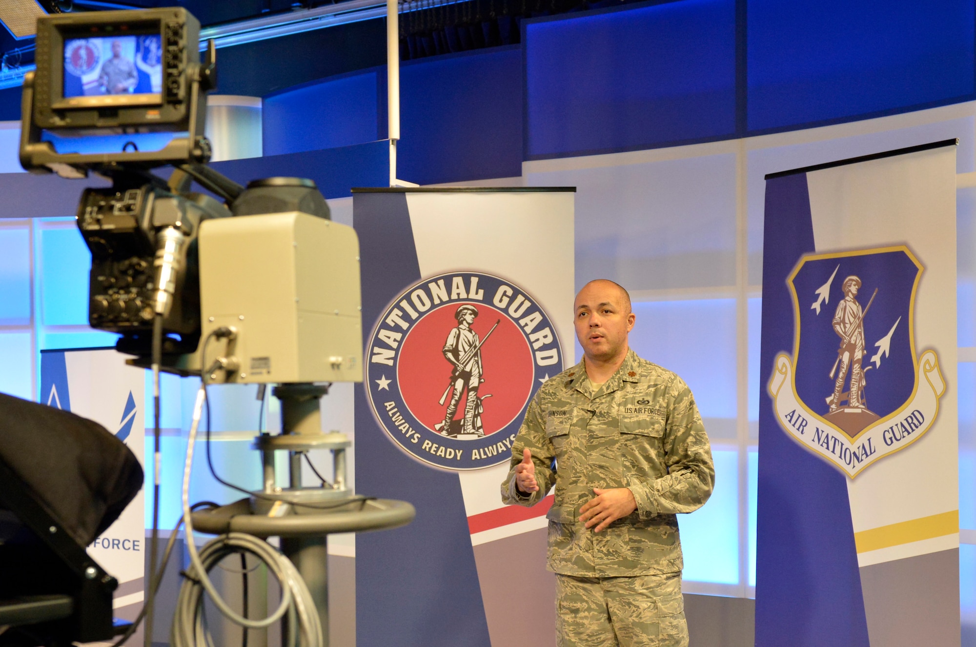 MCGHEE TYSON AIR NATIONAL GUARD BASE, Tenn. - U.S. Air Force Maj. Gabe Johnson, deputy commander of the I.G. Brown Training and Education Center (TEC), teaches a professional development seminar here on personal accountability in a live HD broadcast from TEC TV to the National Guard's LaVern E. Weber Professional Education Center in Little Rock, Ark., Sept. 16, 2013. (U.S. Air National Guard photo by Master Sgt. Kurt Skoglund/Released) 