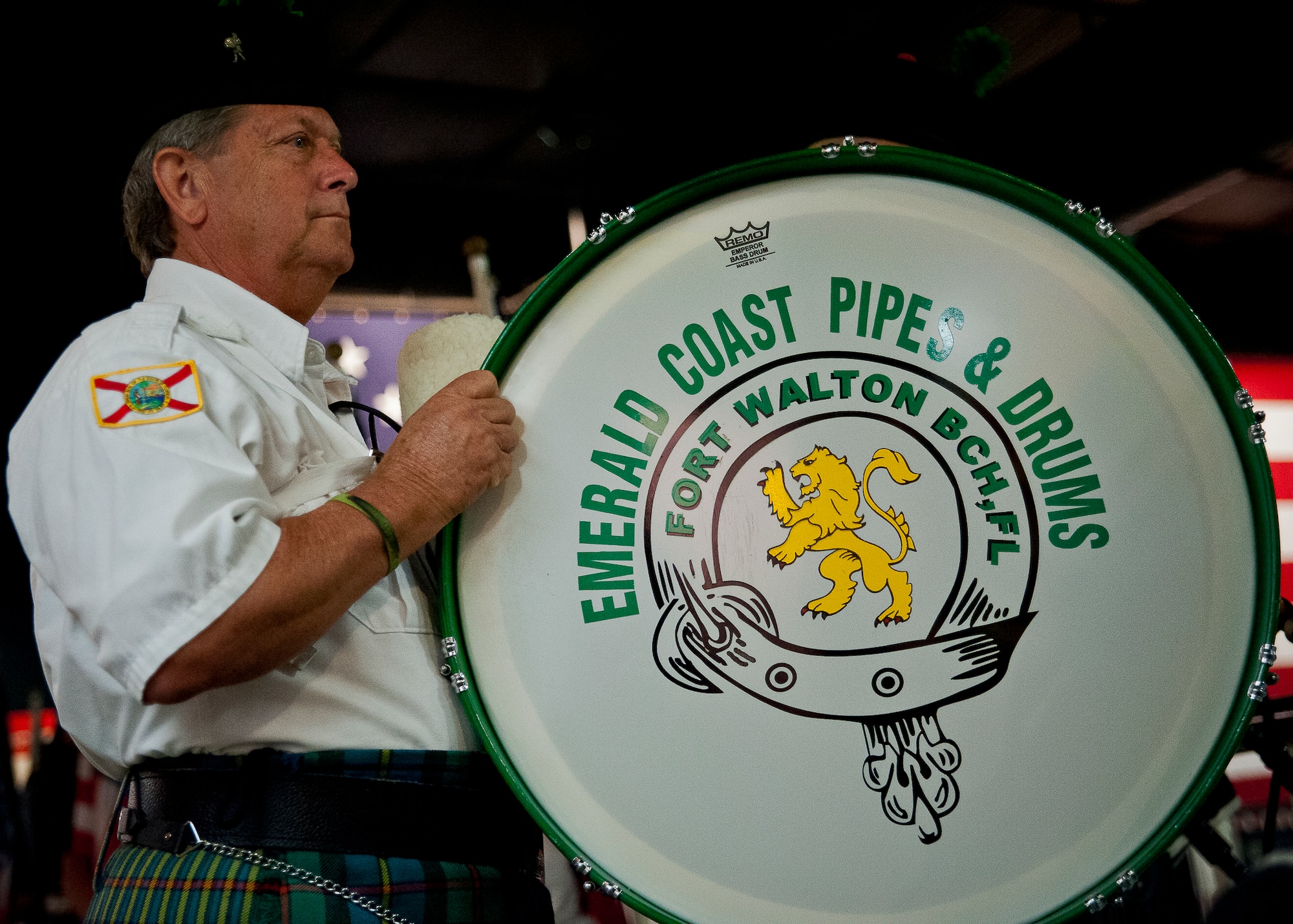 A drummer from Emerald Coast Pipes and Drums waits to begin playing at Eglin’s POW/MIA remembrance ceremony Sept. 20 at the Air Force Armament Museum.  The ceremony paid tribute to those military members who have yet to return home from defending America. The event featured tributes, guest speakers and honor guard procedures. (U.S. Air Force photo/Tech. Sgt. Jasmin Taylor)