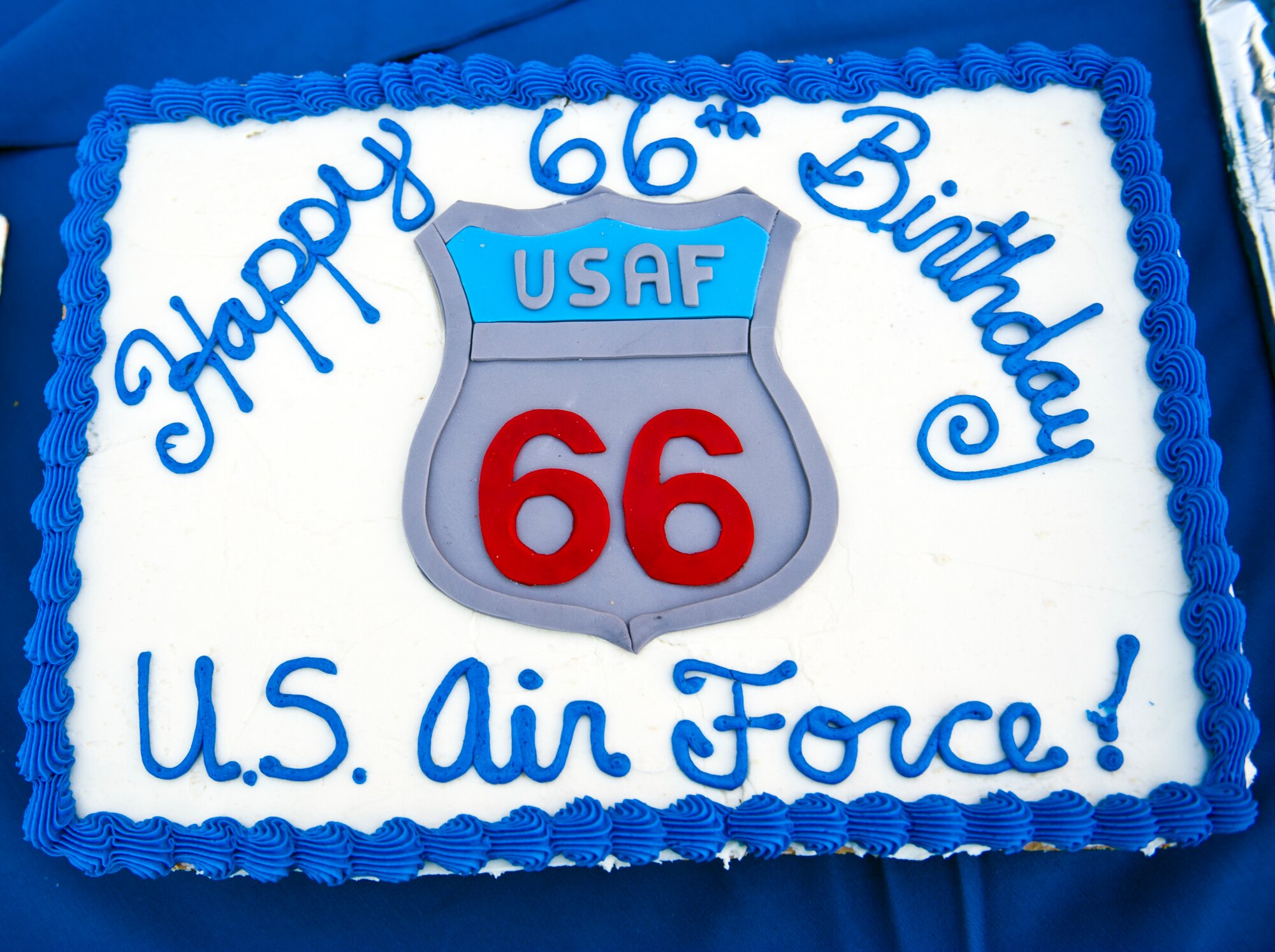 A birthday cake for the Air Force sits on a table during the Air Force Birthday Party Bash at Arkadas Park Sept. 20, 2013, at Incirlik Air Base, Turkey. Originally part of the U.S. Army, the U.S. Air Force became a separate branch on Sept. 18, 1947. (U.S. Air Force by Senior Airman Daniel Phelps/Released)