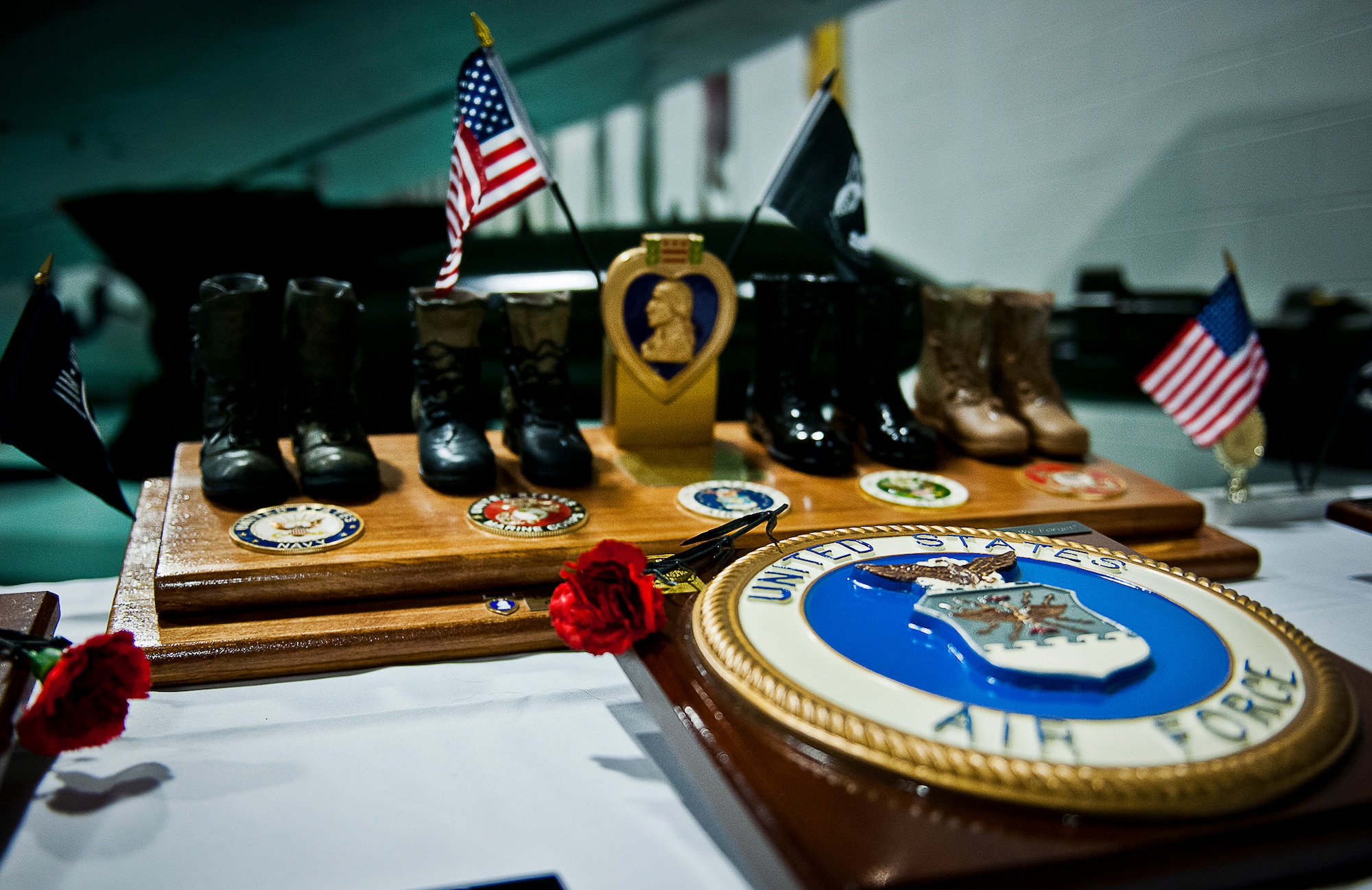 A POW/MIA and Purple Heart display was set up for viewing at the POW/MIA event Sept. 20 at the Air Force Armament Museum. The ceremony paid tribute to those military members who have yet to return home from defending America. The event featured tributes, guest speakers and honor guard procedures. (U.S. Air Force photo/Samuel King Jr.)