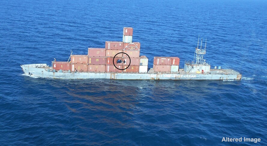 DARPA and the Office of Naval Research are collaborating on the Long Range Anti-Ship Missile (LRASM) program, which successfully launched its first prototype on Aug. 27. DARPA designed the free-flight transition test (FFTT) demonstration to verify the prototype’s flight characteristics and assess subsystem and sensor performance. Designed to launch from both ships and planes such as the B-1 bomber, the test vehicle detected, engaged and hit an unmanned 260-foot Mobile Ship Target (MST) with an inert warhead. A black circle indicates where the missile hit and punched straight through the target. (Courtesy photo)