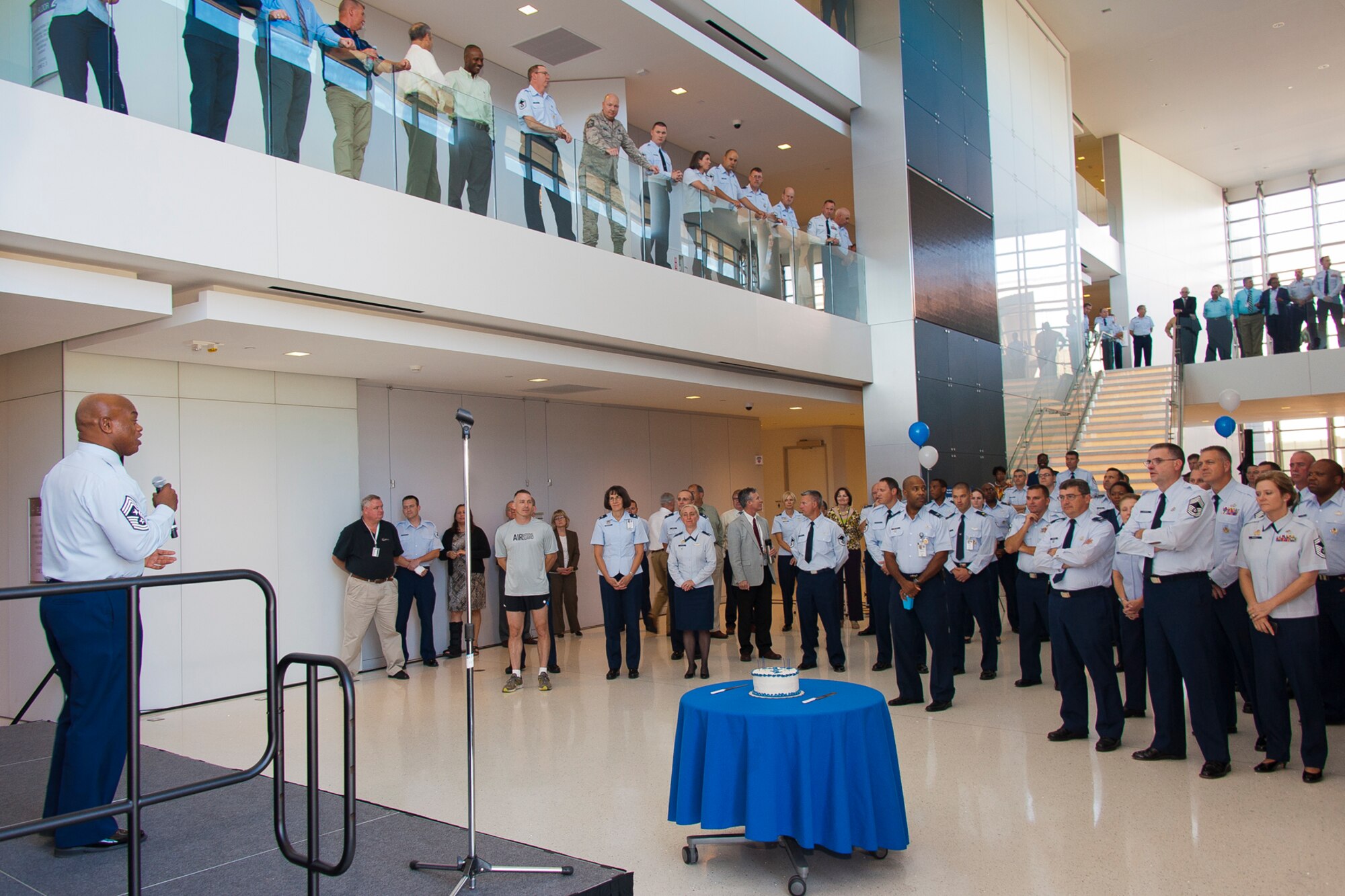 Chief Master Sgt. Tony Whitehead, the command chief of the Air National Guard Readiness Center, Joint Base Andrews, Md., addresses airmen during a ceremony recognizing the 66th birthday of the Air Force, Sept. 17, 2013. In 1947, the National Security Act turned what was then known as the Army Air Corps in the United States Department of the Air Force. (U.S. Air National Guard photo by Master Sgt. Marvin R. Preston/RELEASED)