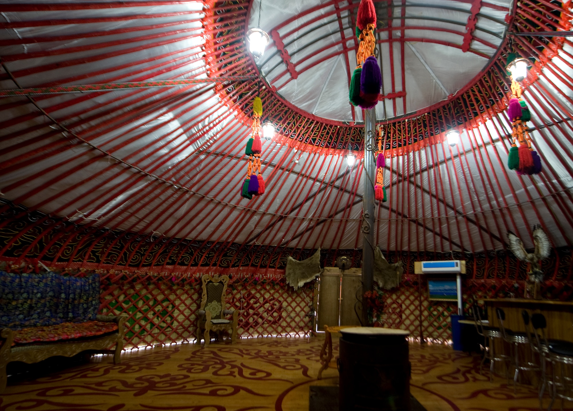 The Transit Center at Manas in Kyrgyzstan, embraces the Kyrgyz culture by adopting the use of a yurt. Yurts are common throughout Central Asia and are used as stores, homes and banquet halls as well as area attractions. (U.S. Air Force photo/Staff Sgt. Robert Barnett)