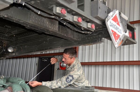 WRIGHT-PATTERSON AIR FORCE BASE, Ohio - Senior Master Sgt. John Westermeyer, 87th Aerial Port Squadron passenger services superintendent, checks the engine of a 60K loader, a vehicle that can load and unload cargo from all military and commercial cargo aircraft. (U.S. Air Force photo/Master Sgt. Charlie Miller)