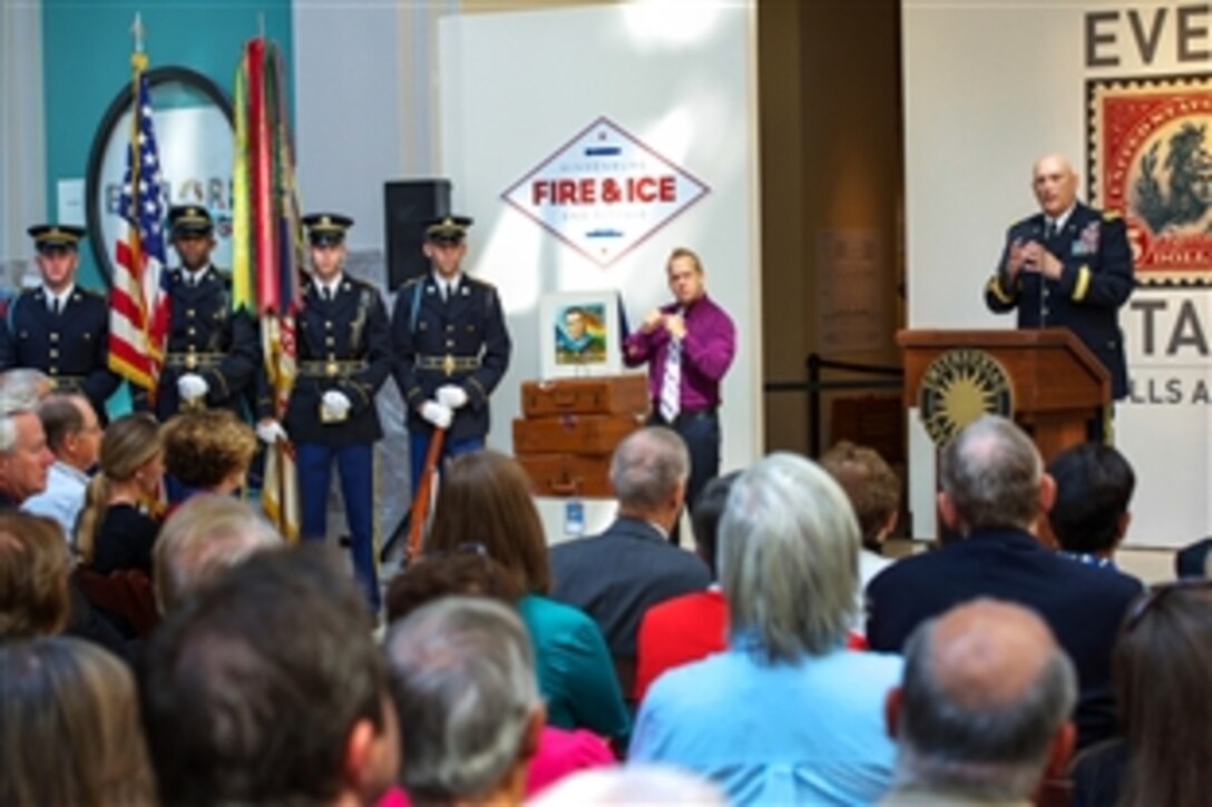 Army Chief of Staff, Gen. Ray T. Odierno addresses the audience during the Medal of Honor enshrinement ceremony honoring Army 1st Sgt. David McNerney at the Smithsonian National Postal Museum in Washington, D.C., Sept. 22, 2013. 