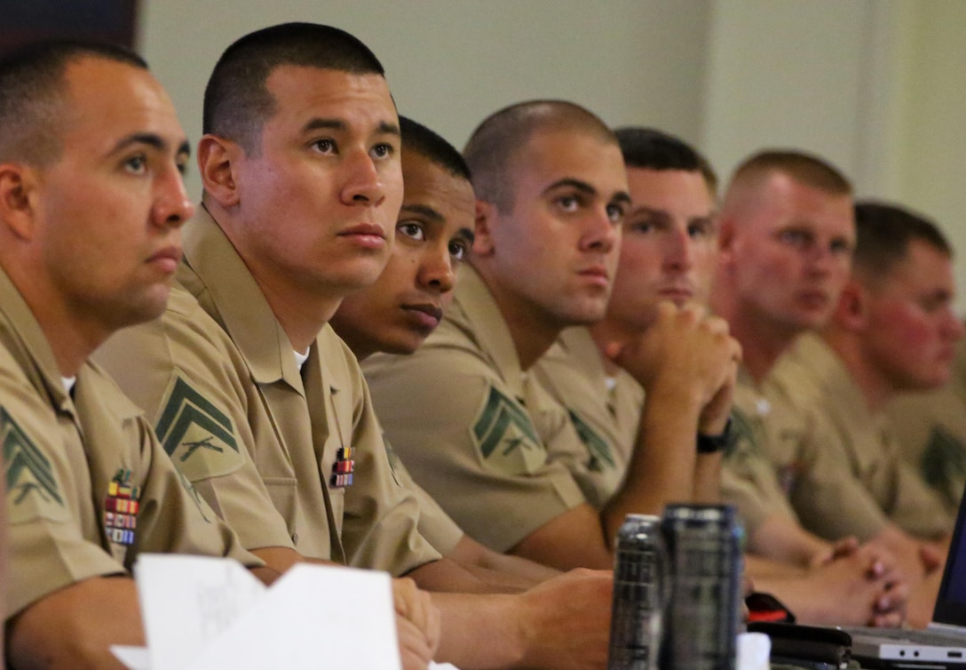 Noncommissioned officers with Headquarters Company, 5th Marine Regiment, attend a professional military education session as part of the regiment's emphasis on small-unit leaders here, Sept. 20, 2013. Every Friday, Marines conduct PMEs to train and educate the servicemembers with the regiment. This PME focused on the NCOs' roles as mentors and leaders with their junior Marines.