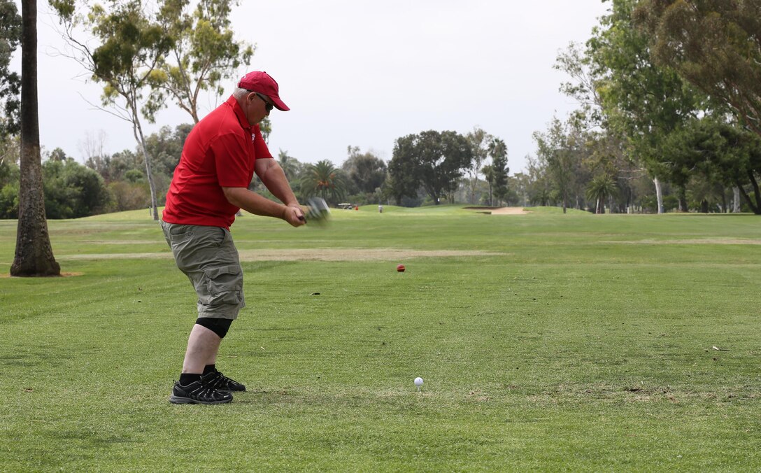 Don Swenson, a Ramona, Calif. native, tees off at the 1,000 Springs Ranch Golf Scramble to help raised donations for wounded veterans aboard Marine Corps Air Station Miramar, Sept. 20.  The golf tournament was organized by the Marine Corps Aircraft Association and raised $115,000 for the Semper Fi Fund. (Photo cropped by Lance Cpl. Owen Kimbrel/Released)