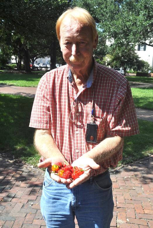 Savannah District team member William Lane displays a handful of the Moruga Trinidad Scorpion and the Butch-T Trinidad Scorpion—two of the hottest peppers in the world—that he grows at his home in Pembroke, Ga. USACE Photo by Tracy Robillard.