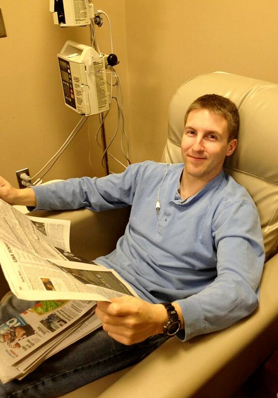 1st Lt Rob Hansen, 80th Flying Training Wing graduate pilot, Euro NATO Joint Jet Pilot Training Program, Sheppard Air Force Base, Texas, sits though a cancer treatment after being diagnosed with Hodgkin’s lymphoma. He spent 16 months fighting to get back in the program after his diagnosis. Upon graduation, he was awarded as a distinguished graduate for scoring in the top 10 percent of the class; the Daedalian Award for top formation pilot; the Flying Excellence award for the top overall flying score, and the Commander’s Trophy for being the top graduate. He was awarded the F-22 Raptor. (U.S Air Force photo courtesy photo)