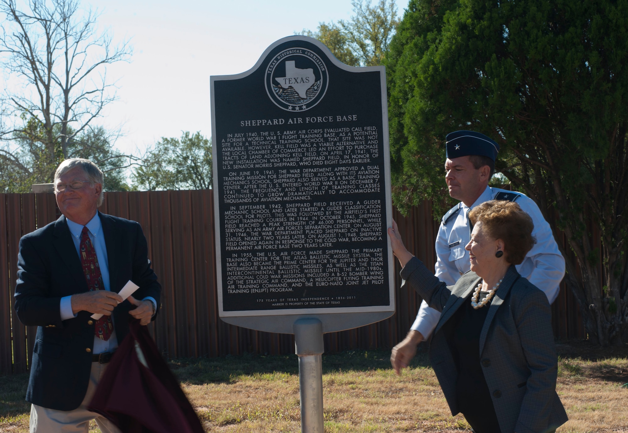 Sheppard re-dedicated its historical marker Sept. 23. The marker represents cooperation with the local community and the origins of the base. (U.S. Air Force photo by Airman 1st Class Jelani Gibson) 