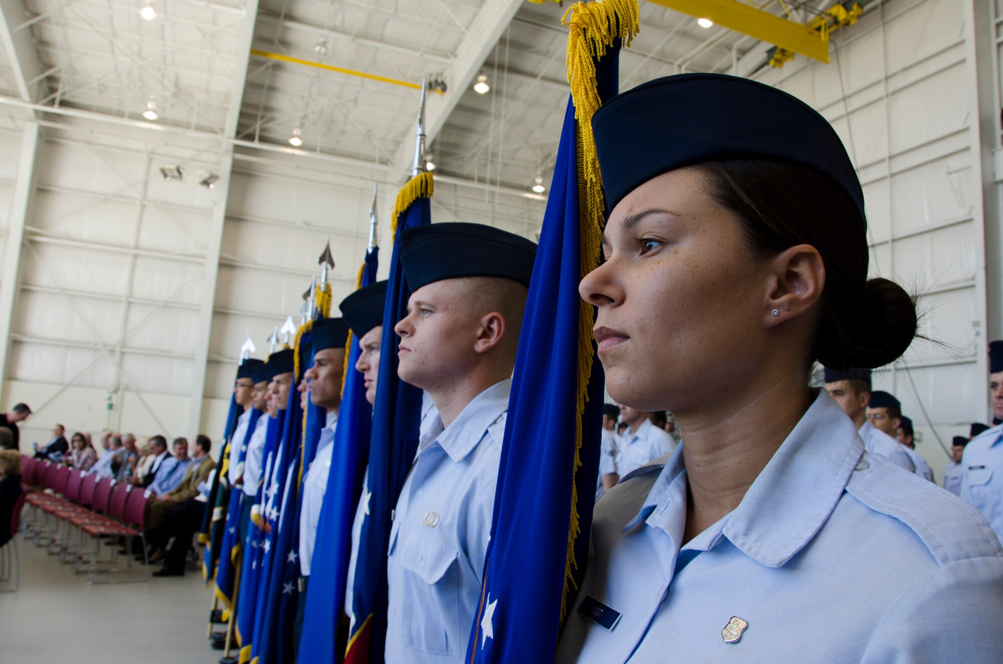 Airmen assigned to the 12th Air Force (Air Forces Southern) hold guidons representing all of the active duty units during the 12th Air Force (Air Forces Southern) change of command ceremony on Davis-Monthan AFB, Ariz., Sept. 24, 2013.  Lt. Gen. Robin Rand relinquished command to Lt. Gen. Tod Wolters.  (U.S. Air Force photo by Staff Sgt. Heather R. Redman/Released)