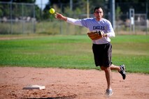 Bill Liquori, 50th Space Wing commander, completes a double play during the fourth inning of the chiefs/colonels softball game at Peterson Air force Base Sept. 20. Schriever's chiefs and colonels took on their counterparts from Peterson and fell 21-15. (U.S. Air Force photo/Christopher DeWitt)  