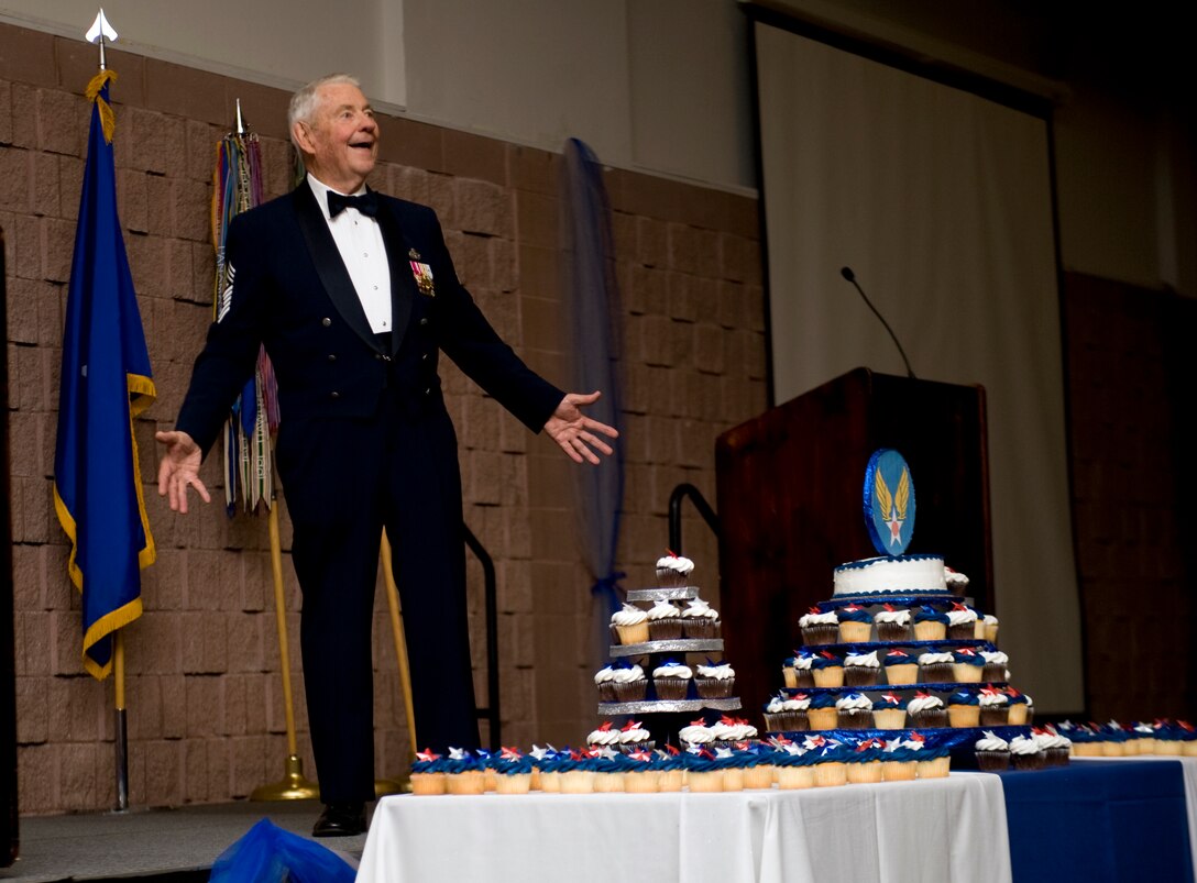 Retired Chief Master Sgt. of the Air Force Robert Gaylor gives a humorous speech Sept. 20, 2013, at the Civic Center in Abilene, Texas. Gaylor spoke about how the Air Force has changed since his time in service and how the branch takes better care of its Airmen and their families than ever before. (U.S. Air Force photo by Airman 1st Class Alexander Guerrero/Released)