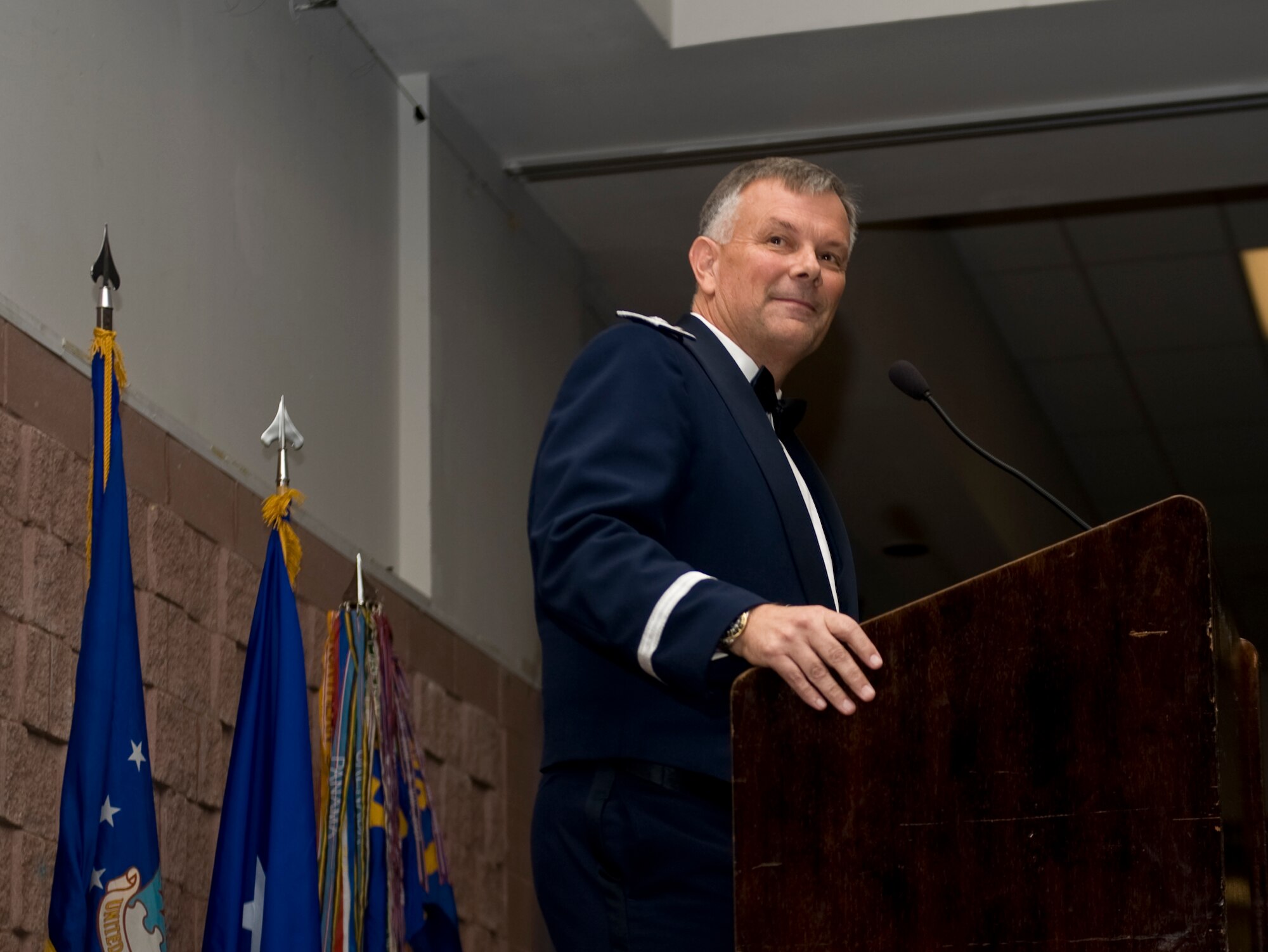 U.S. Air Force Brig. Gen. Glen VanHerck, 7th Bomb Wing commander, speaks at an Air Force ball Sept. 20, 2013, at the Civic Center in Abilene, Texas. VanHerck introduced guest speaker retired Chief Master Sgt. of the Air Force Robert Gaylor who spoke about how the branch has changed since when he enlisted in 1948. (U.S. Air Force photo by Airman 1st Class Alexander Guerrero/Released)