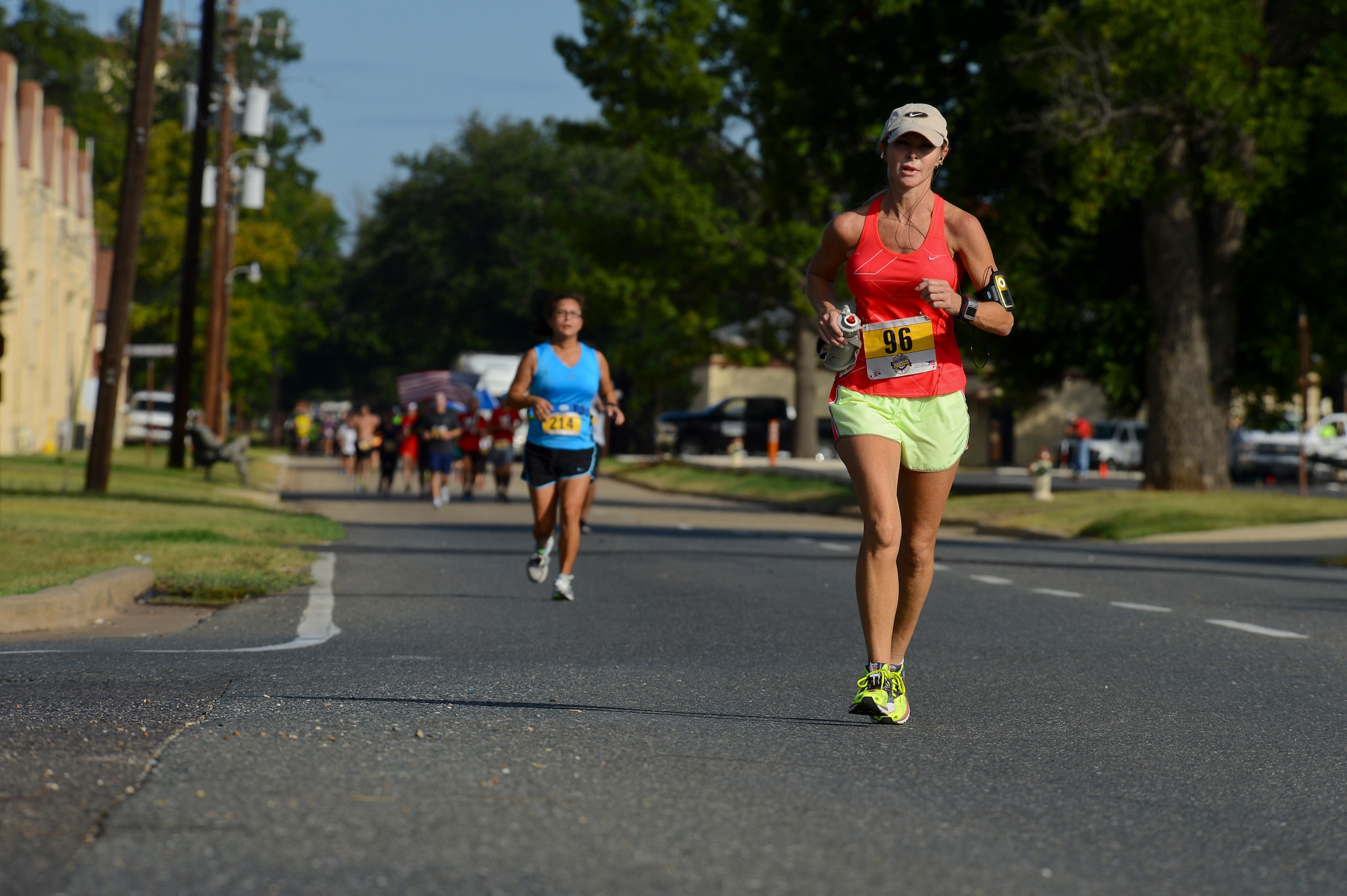 Participants of the Barksdale Half Marathon run on Barksdale Air Force Base, La., Sept. 21, 2013. Hydration and medical stations were positioned along the 13.1 mile route for runners' safety. (U.S. Air Force photo/Senior Airman Micaiah Anthony)
