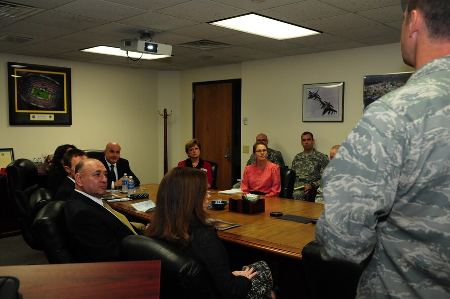 Dignitaries, including Congressman Mark Pocan, listen to a presentation in the commander’s conference room at the 115th Fighter Wing on Truax Field on Sept. 24. Col. Jeffrey Wiegand, 115th FW commander, taught the visitors about the capabilities of the base and its Airmen. After the briefing, those in attendance had the opportunity to watch a practice scramble from the flightline. (Air National Guard photo by Senior Airman Andrea F. Liechti)