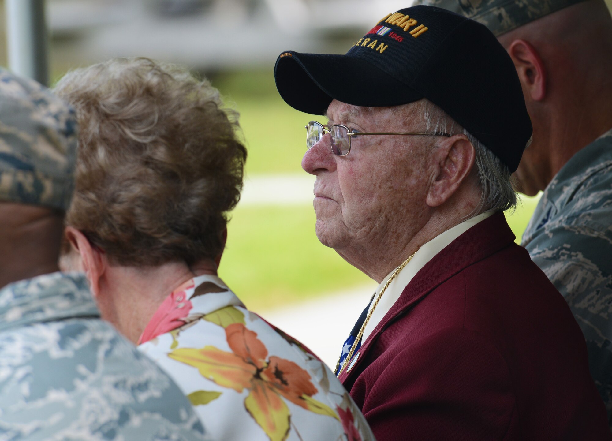 Thomas Grove, World War II prisoner of war, watches each speaker during a Prisoners of War and those Missing in Action Remembrance Day ceremony, Shaw Air Force Base, S.C., Sept. 20, 2013. The ceremony was held at Memorial Lake in honor of those Americans who have fallen, gone missing and/or become prisoners of war. (U.S. Air Force photo by Senior Airman Tabatha Zarrella/Released)
