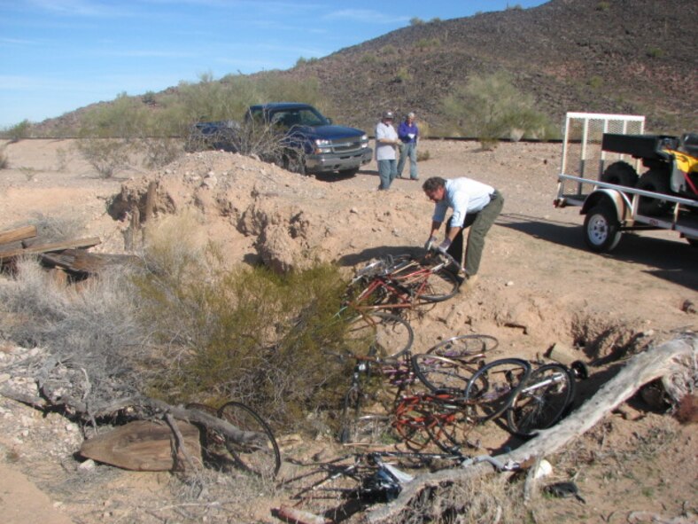 Abandoned bicycles are evidence of illegal border-related traffic through the Barry M. Goldwater Range-East in southwest Arizona.  56 RMO/ESM staff routinely remove bicycles and other abandoned items from the desert landscape.  Photo: A. Alvidrez