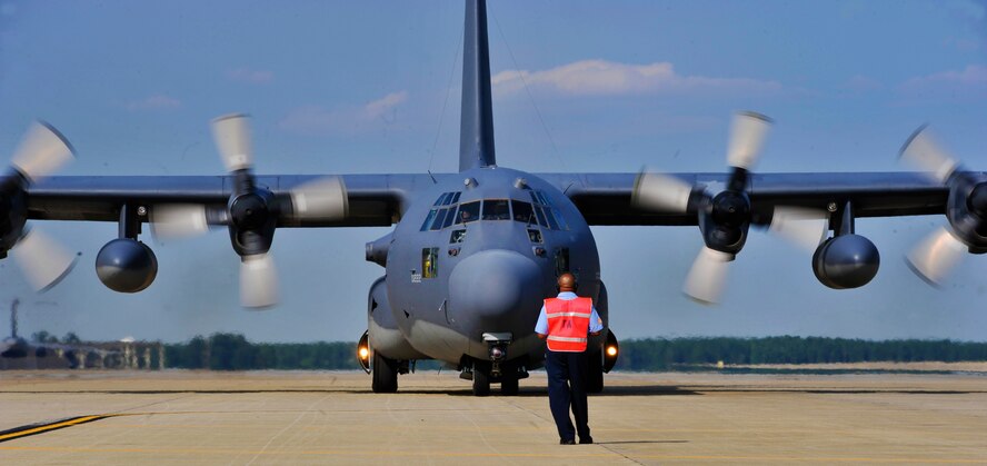 A New York Air National Guard HC-130P King, with the 102nd Rescue Squadron, at F.S. Gabreski ANG Base in Westhampton Beach N.Y., sits on the flightline at Shaw Air Force Base, S.C., Sept. 17, 2013. The HC-130P stopped at Shaw to pick up passengers on its way back to New York (U.S. Air Force photo by Airman 1st Class Jonathan Bass/Released)
