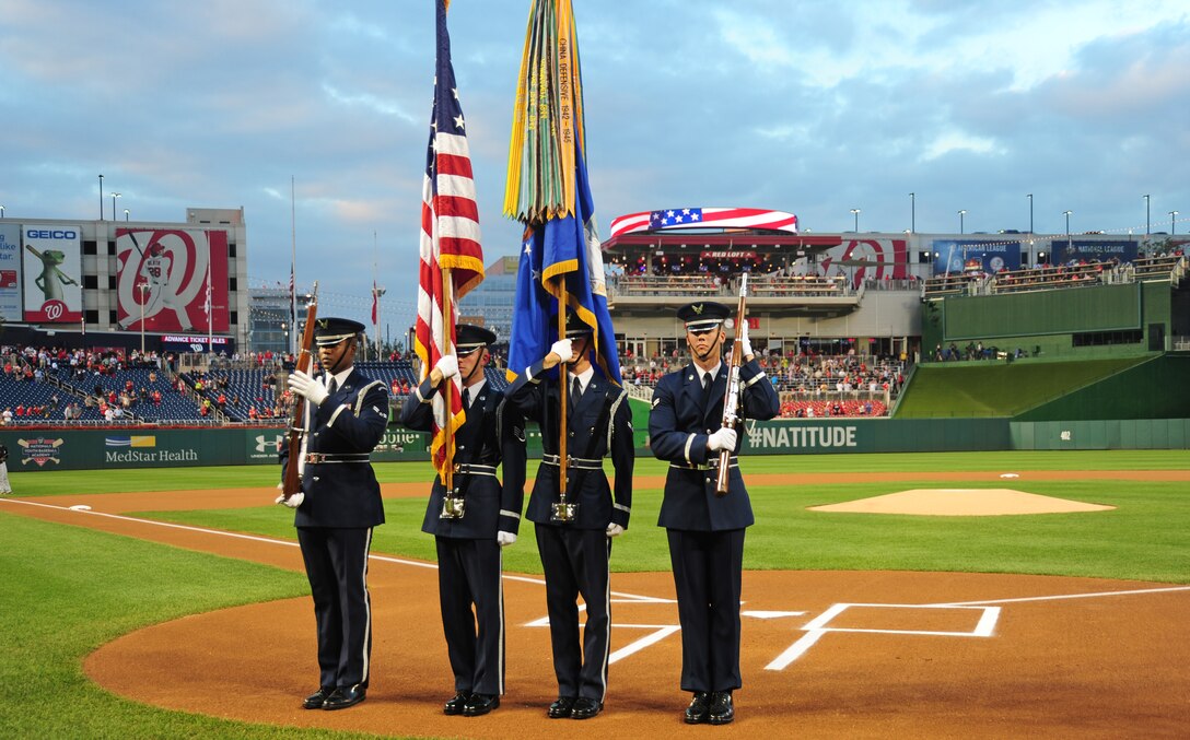 The United States Air Force Color Guard performs at Nationals Park in Washington, D.C., Sept. 19, 2013. Airmen from the National Capitol Region participated in various pre-game events and ceremonies in honor of Air Force Night. (U.S. Air Force photo/Airman 1st Class Erin O’Shea)