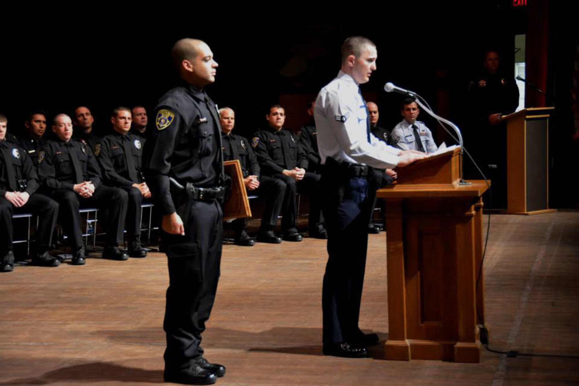 Airman 1st Class Jeremiah Foster addresses a crowd as the honor graduate of his class Aug 2. His training lasted six months before he went back to Sheppard as a security forces Airman. (courtesy photo) 
