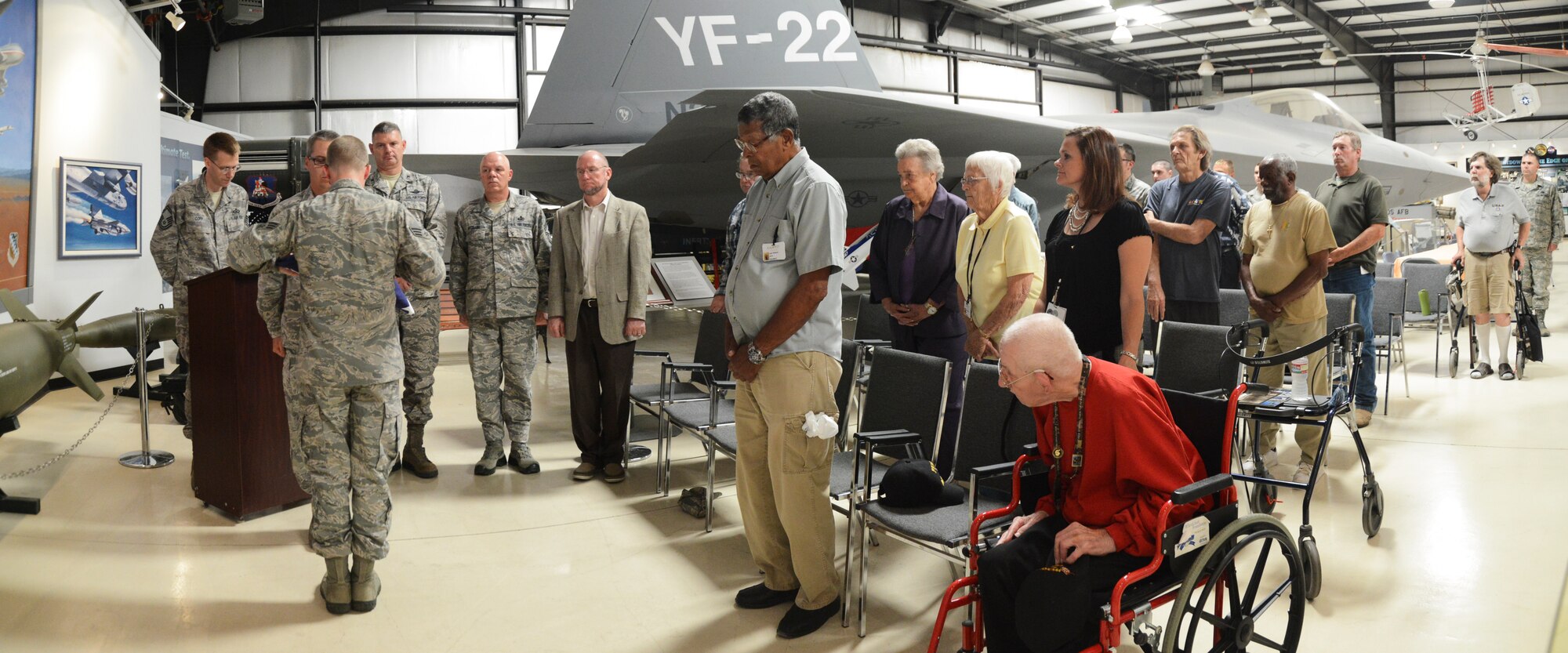 The Blue Eagles Honor Guard presented a special flag folding ceremony for the veterans group at the Air Force Flight Test Museum POW/MIA lunch. (U.S. Air Force photo by Rebecca Amber) 