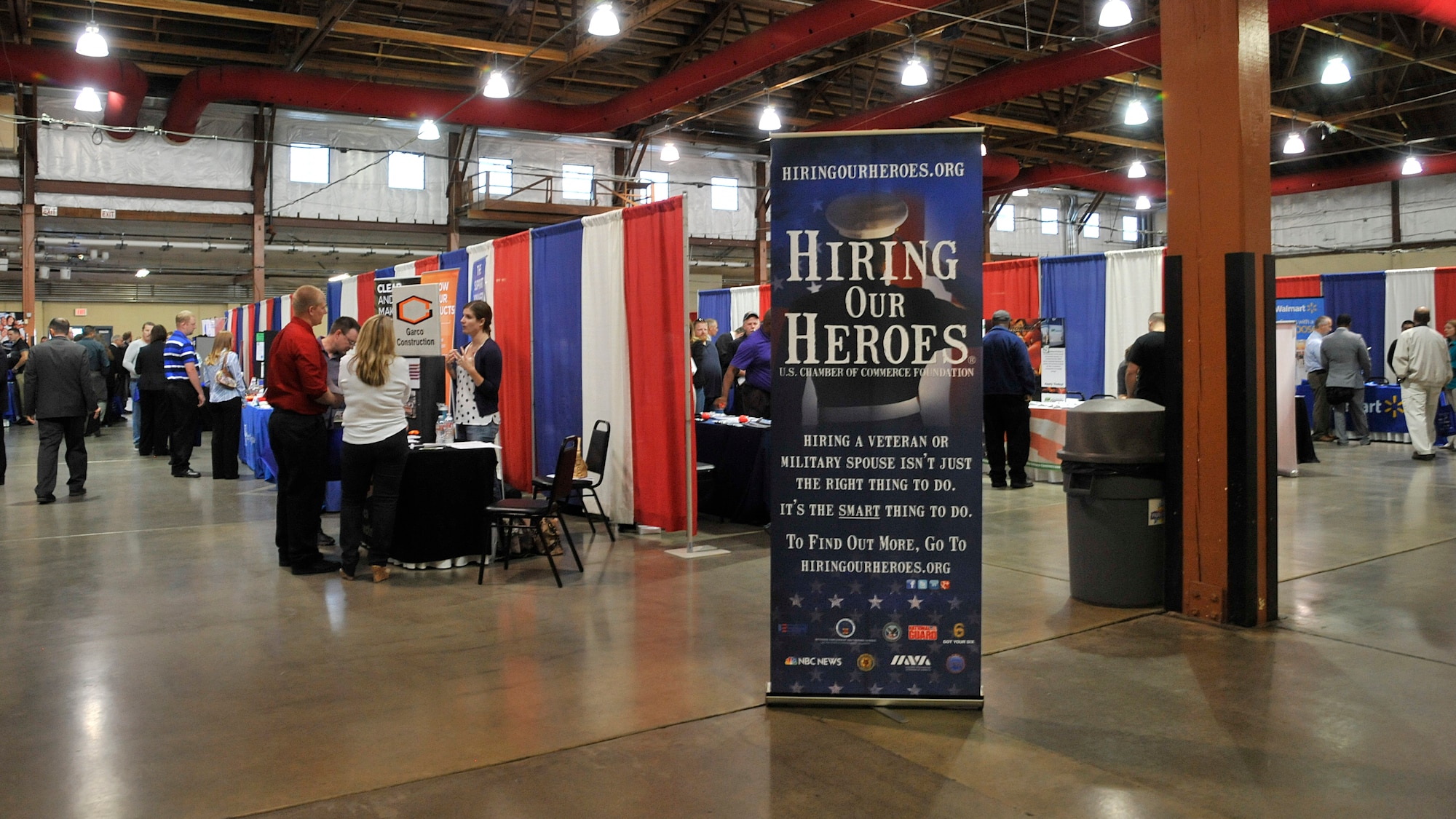 Over 80 employers from local to nationwide companies set up booths at the 2013 Hiring our Heroes career fair at the Spokane County Fair and Expo Center in Spokane, Wash., Sept. 24, 2013. This event, conducted by the U.S. Chamber of Commerce, was sponsored by many other partners including the U.S. Department of Veteran Affairs, the City of Spokane, NBC News and many more.  While aiming to benefit the unemployed and underemployed veterans, active-duty members and National Guard and reservists, it was also open to their family members.  (U.S. Air Force photo by Senior Airman Mary O’Dell/Released)