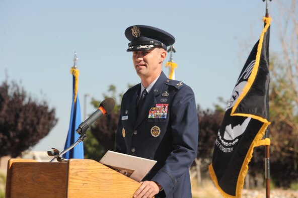 Col. Tom Miller, 377th Air Base Wing commander, gives opening remarks at the POW/MIA Recognition Day ceremony Sept. 20 at the New Mexico Veteran's Memorial Park. Several hundred Team Kirtland members attended the event, which honored the sacrifices war veterans made in defense of our country. (Photo by Dennis Carlson)
