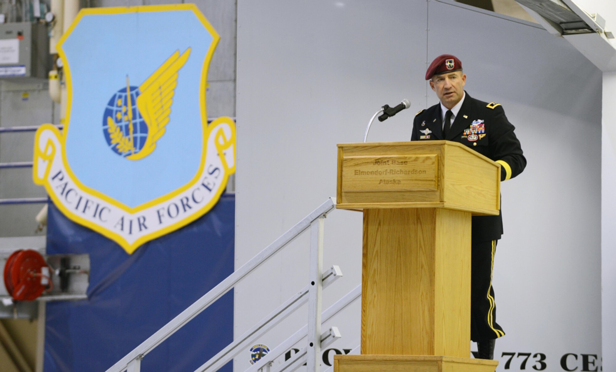 U.S. Army Maj. Gen. Michael Shields, U.S. Army Alaska commander, speaks during the POW/MIA recognition day ceremony at Hangar 1 Sept. 20. Shields emphasized the importance of remembering those who still have families waiting for their loved ones to come home and remember those who are ?never forgotten.? (U.S. Air Force photo/Airman Ty-Rico Lea)