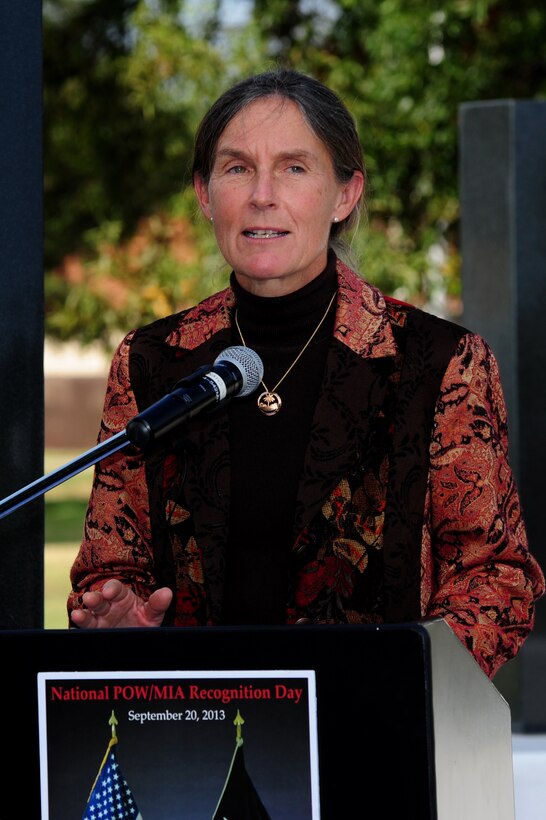 Retired U.S. Army Brig. Gen. Rhonda Cornum, former director of Army Comprehensive Soldier Fitness, attend the POW/MIA Recognition Day ceremony at Langley Air Force Base, Va., Sept. 20, 2013. While serving as a flight surgeon in 1990, Cornum’s Blackhawk helicopter was shot down, leading her to capture by Iraqi forces. (U.S. Air Force photo by Airman Areca T. Wilson/Released)