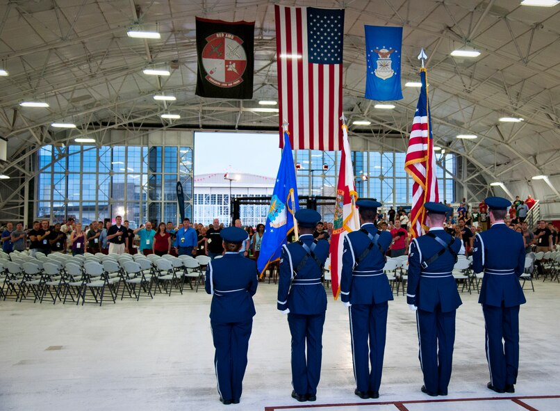 Team Eglin honor guard presents the flag during the National Anthem to begin Strike Fight II Sept. 21 at Eglin Air Force Base, Fla.  (U.S. Air Force photo/Samuel King Jr.)