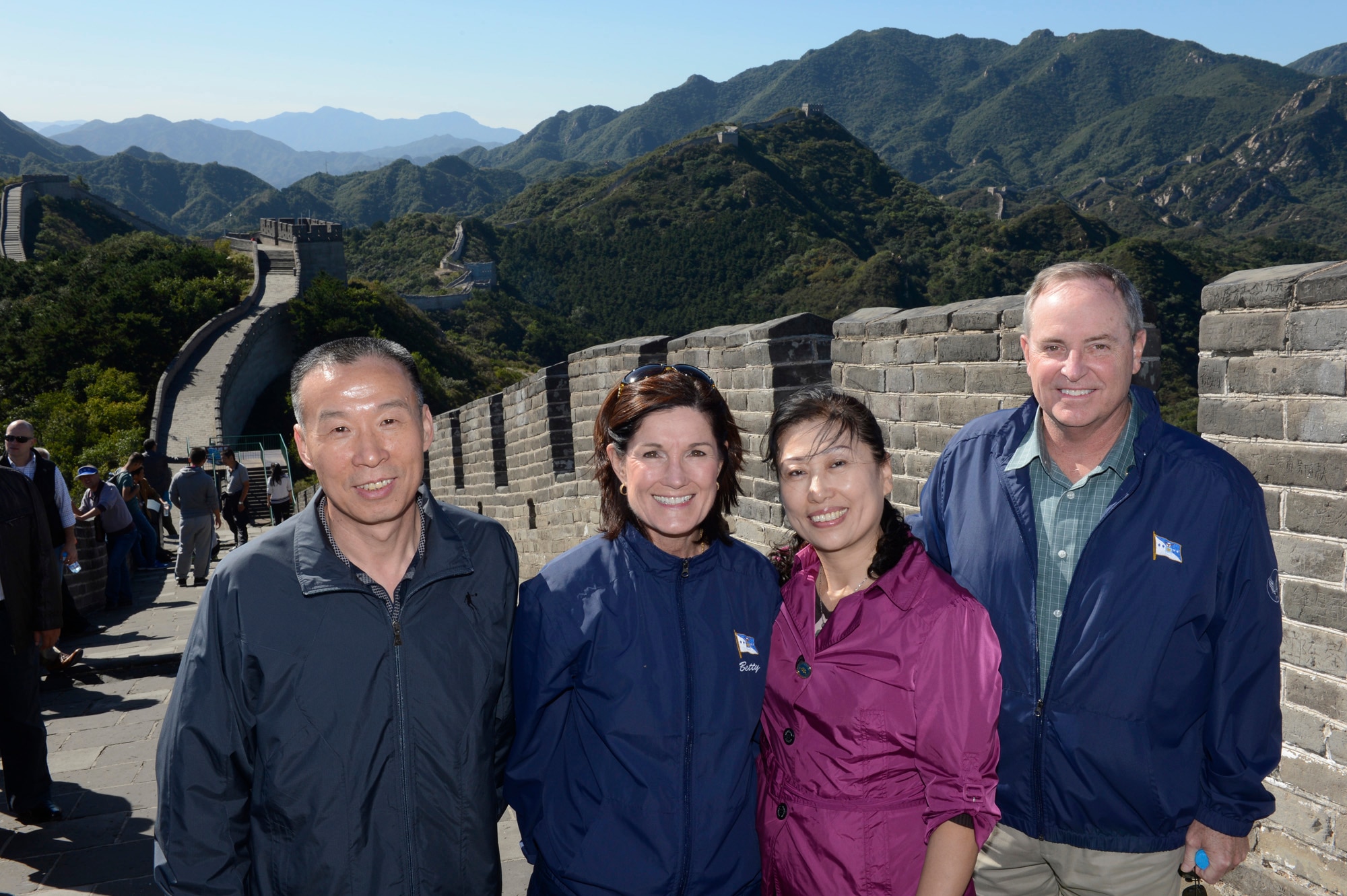 Air Force Chief of Staff Gen. Mark A. Welsh III, his wife, Betty, People's Liberation Army Air Force Deputy Chief of Staff Maj. Gen. Li Chunchao, and his wife, Han Yan, stand at the Great Wall in China, as part of a cultural tour Sept. 24, 2013.  Welsh, along with Gen. Herbert "Hawk" Carlisle and Chief Master Sgt. of the Air Force James A. Cody will visit with various military leaders as part of a weeklong trip. (U.S. Air Force photo/Scott M. Ash)