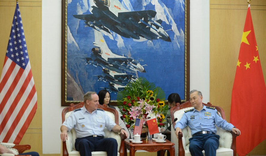 Air Force Chief of Staff Gen. Mark A. Welsh III meets with People's Liberation Army Air Force Commander Gen. Ma Xiaotian Sept. 25, 2013 in Beijing, China. Welsh, along with Gen. Herbert "Hawk" Carlisle and Chief Master Sgt. of the Air Force James A. Cody will visit with various military leaders as part of a weeklong trip. (U.S. Air Force photo/Scott M. Ash)