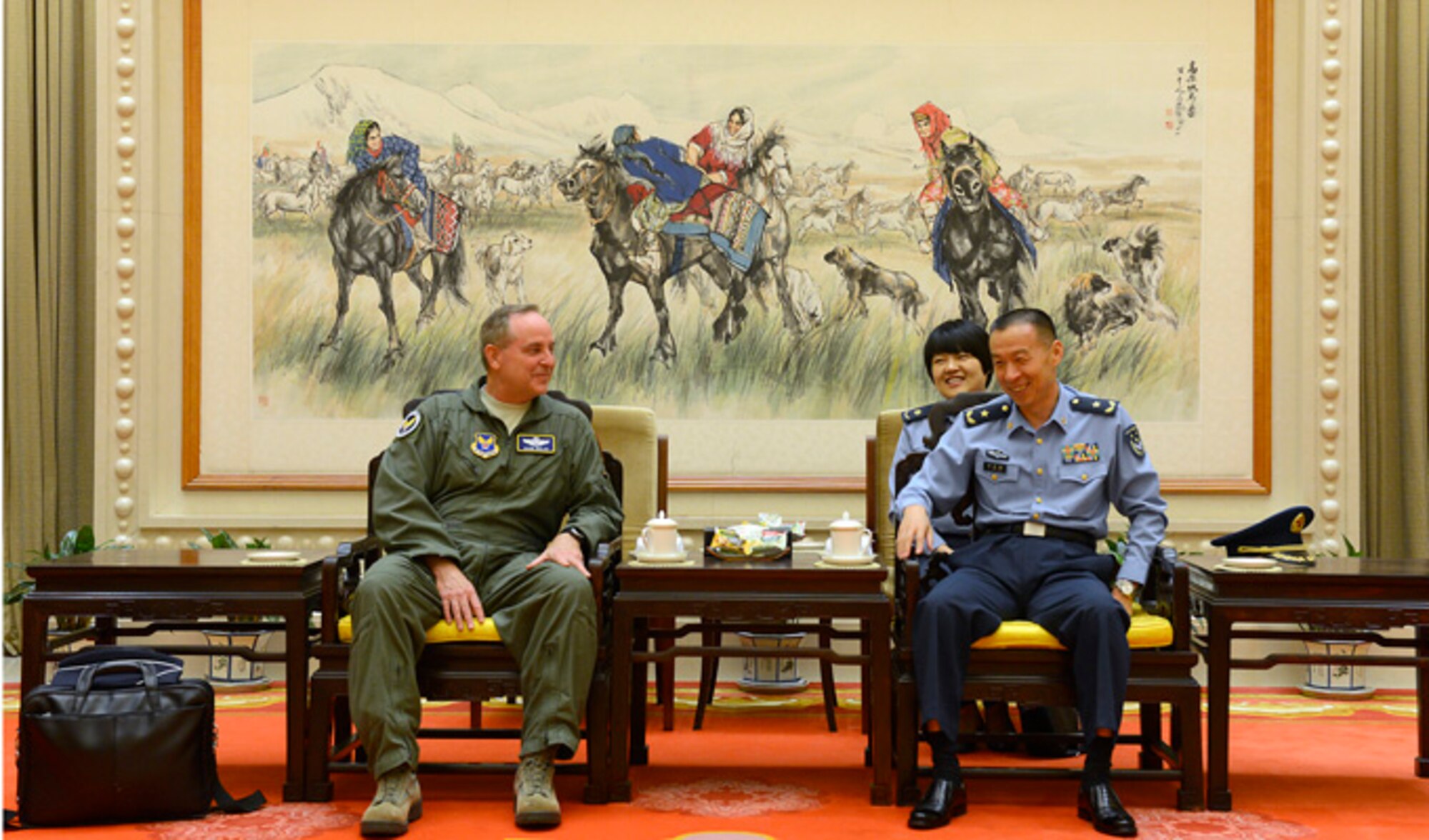 Air Force Chief of Staff Gen. Mark A. Welsh III meets with People's Liberation Army Air Force Deputy Chief of Staff  Maj. Gen. Li Chunchao after arriving in Beijing, China, Sept. 24, 2013.  Welsh, along with Gen. Herbert "Hawk" Carlisle and Chief Master Sgt. of the Air Force James A. Cody will visit with various military leaders as part of a weeklong trip.  (U.S. Air Force photo/Scott M. Ash)