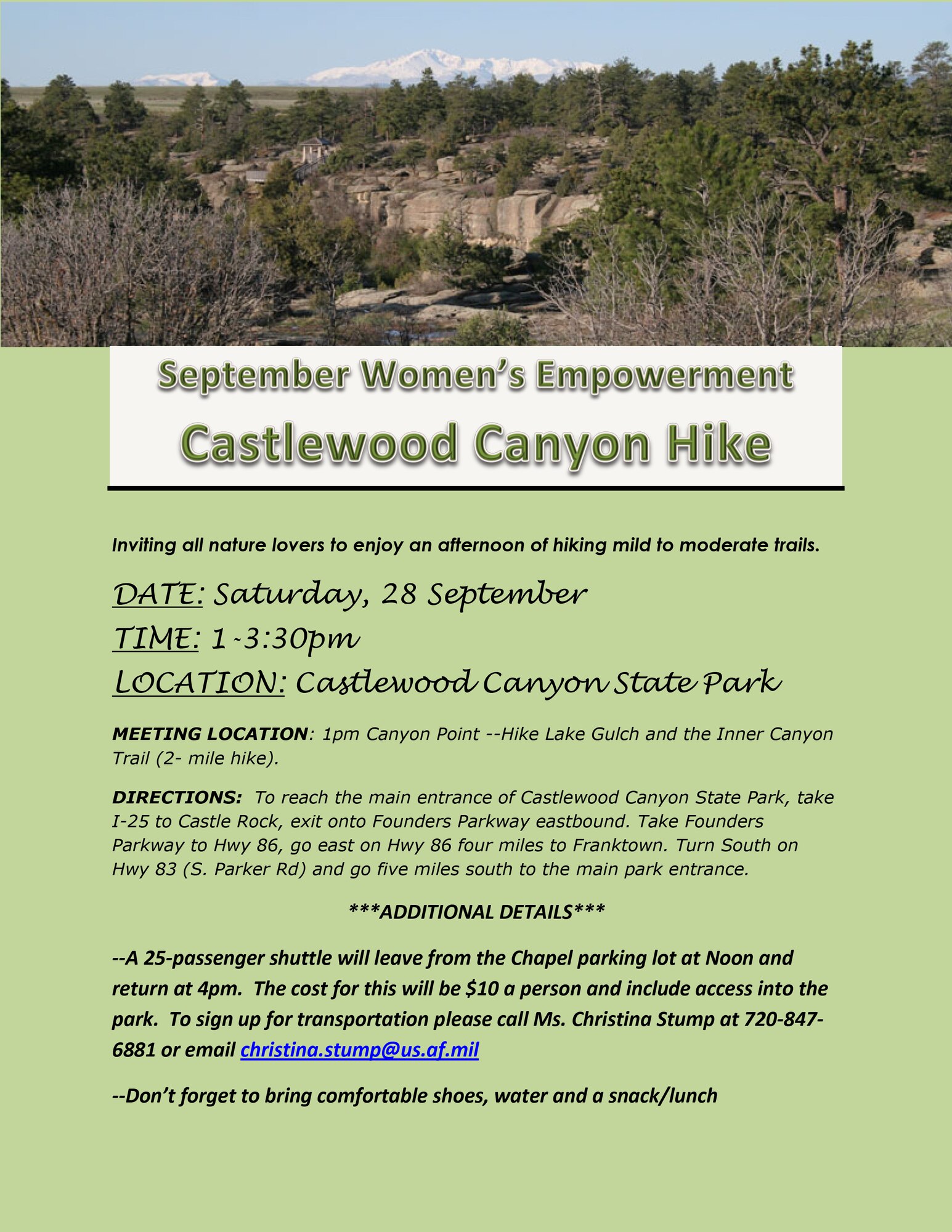 Team Buckley is holding the September Women’s Empowerment Group event Sept. 28, 2013, at the Castlewood Canyon State Park, Colo. The 2-mile hike will begin at Canyon Point and travels to Lake Gulch and Inner Canyon Trail. (Courtesy Photo)