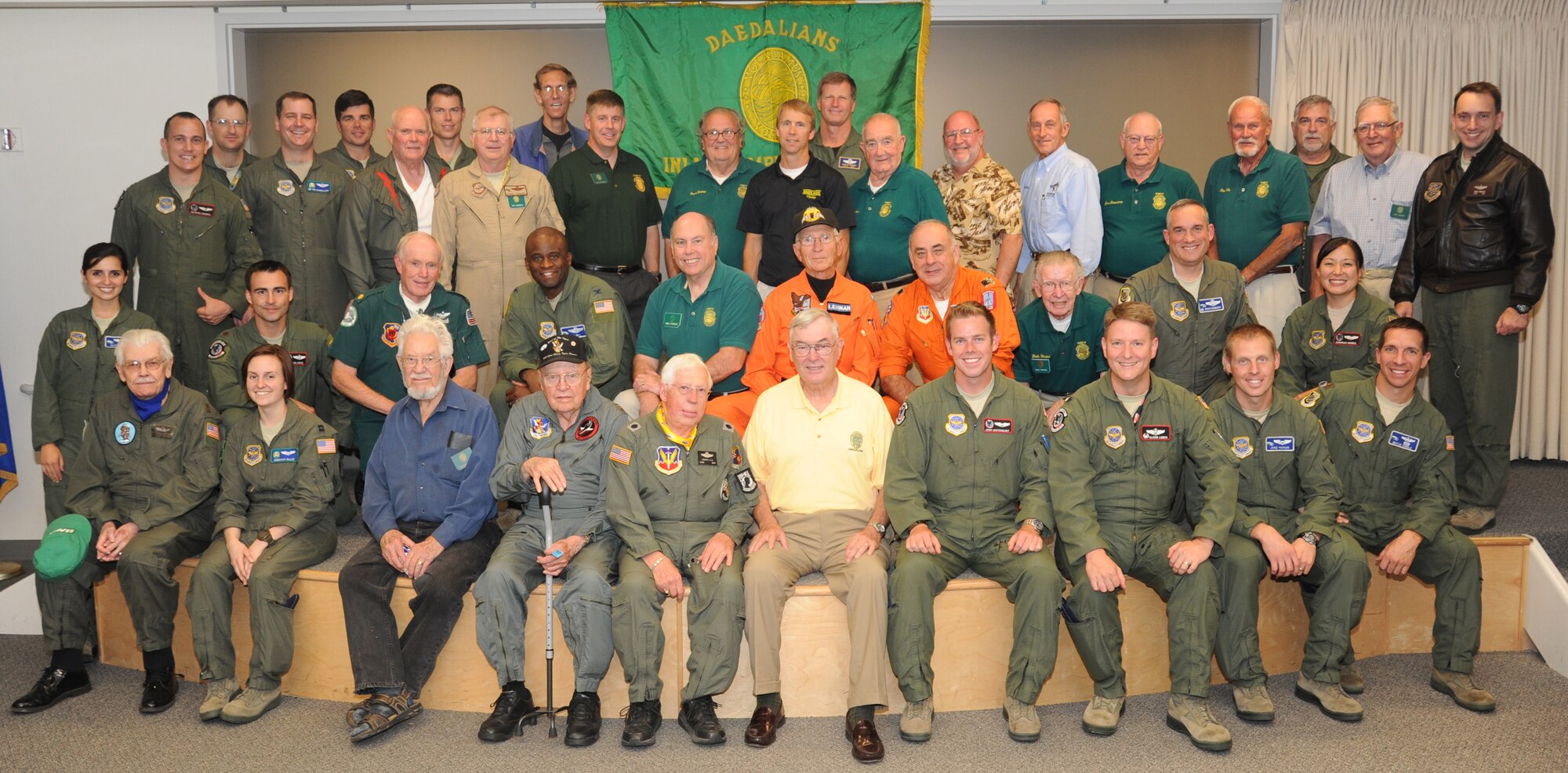Members of the Order of the Daedalians pose for a photo during their annual on-base meeting at Fairchild Air Force Base, Wash., Sept. 18. The order is a fraternal society of past and present American military pilots, with the purpose of both reflection on the past and outreach to prospective and potential members. (U.S. Air Force photo by Airman 1st Class Sam Fogleman/Released) 