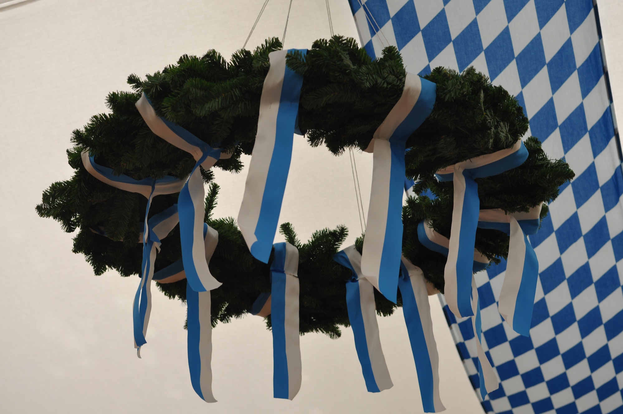 SPANGDAHLEM AIR BASE, Germany -- Blue and white are the colors for Bavaria. Most decorations at the October festivals carry these colors like this beautiful wreath that hangs in one of the October festival tent halls, ready to be admired.(U.S. Air Force photo by Iris Reiff)
