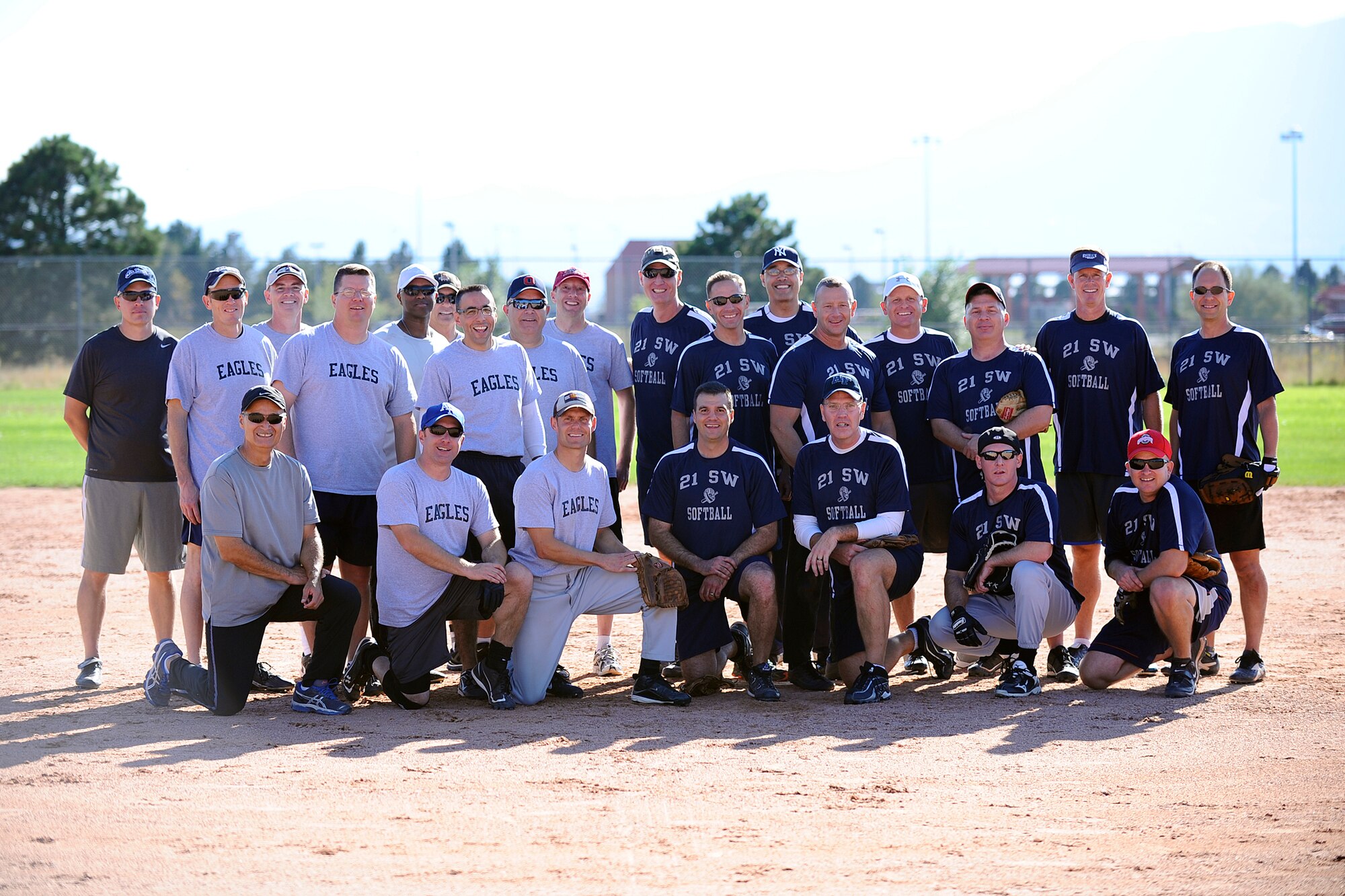 PETERSON AIR FORCE BASE, Colo. – The 21st and 50th Space Wings Chiefs and Eagles softball teams competed in the first ever Space World Series Sept. 20. Team 2-1 defeated Team 5-0 by a final score of 21-15. (U.S. Air Force photo)