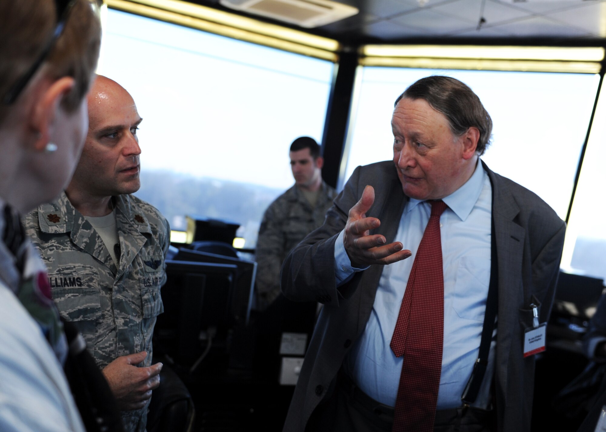 John Stanley (right), chairman of the NATO Subcommittee on Transatlantic Defense and Security Cooperation, asks a question during a tour of an air traffic control tower Sept. 24, 2013 at Incirlik Air Base, Turkey. The tour introduced NATO member delegates to many of the defense capabilities of Incirlik AB. (U.S. Air Force photo by Senior Airman Chase Hedrick/Released)