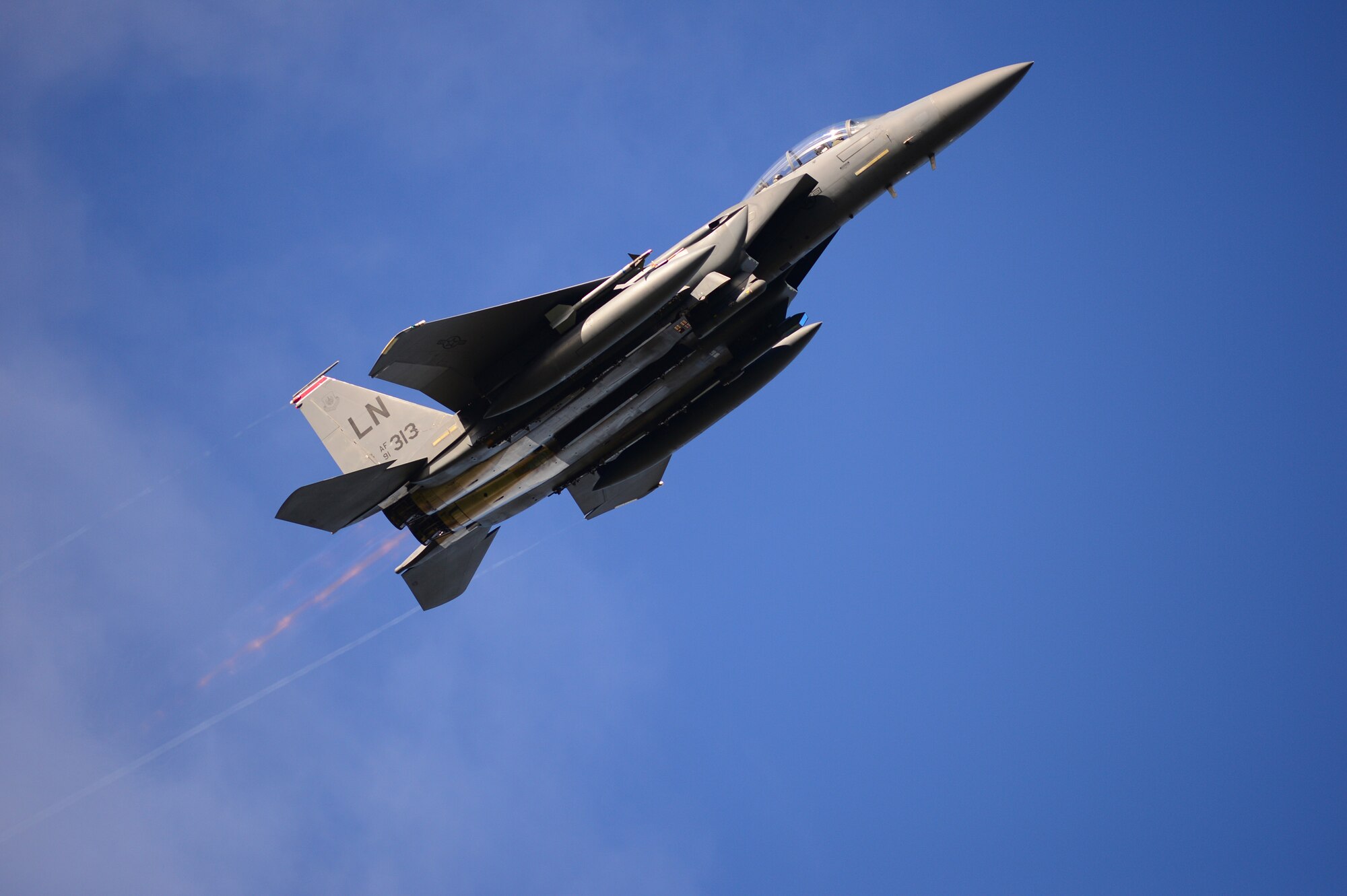 An F-15E Strike Eagle, assigned to the 494th Fighter Squadron, flies above Bodø Main Air Station, Norway, Sept. 23, 2013. Approximately 30 aircraft deployed from RAFs Lakenheath and Mildenhall, to multiple locations in Norway, in support of the Arctic Challenge exercise 2013 (ACE-13). ACE-13 is a combined exercise with NATO allies and regional partners, which promotes continued interoperability between the United States, Norway, Sweden and Finland. (U.S. Air Force photo by Master Sgt. Lee Osberry/Released)
