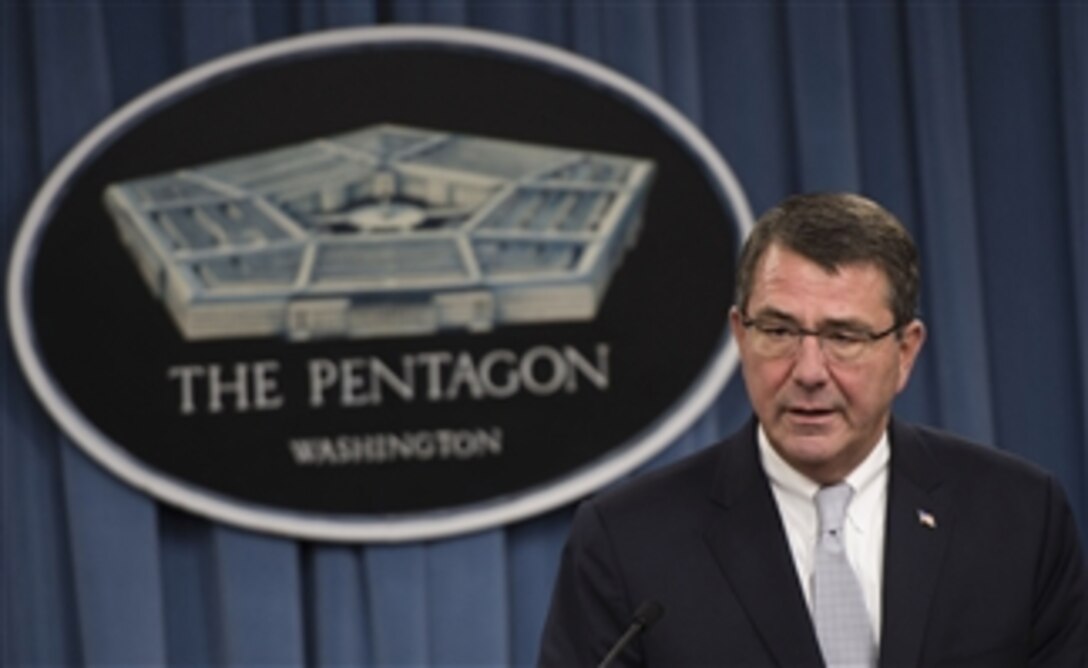 Deputy Secretary of Defense Ashton Carter briefs the press at the Pentagon in Arlington, Va., on Sept. 25, 2013.  Carter announced three reviews of security at Department of Defense installations in the wake of the Navy Yard shootings.  The Office of the Secretary of Defense will lead one review and an independent panel will head another.  These two reviews will focus on assessing the physical security and access at DoD installations to identify vulnerabilities.  They will also examine the security clearance and reinvestigation process to identify any shortcomings and what steps to take to tighten the standards for granting and renewing a security clearance.  The Department of the Navy is leading the third review, which will examine physical security at all Navy and Marine Corps installations worldwide.  