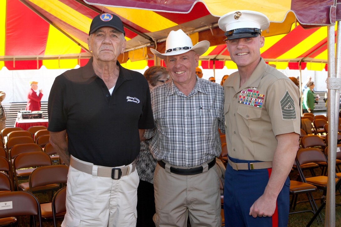 R. Lee Ermey, retired Sgt. Maj. Harold G. Overstreet, the 12th Sergeant Major of the Marine Corps, and Sgt. Maj. Micheal P. Barrett, the 17th Sergeant Major of the Marine Corps attend the 31st Annual United States Marine CorpsÕ Enlisted Awards Parade and Presentation at Quantico, Va., on Sept. 25, 2013. (U.S. Marine Corps photo by Sgt. Marionne T. Mangrum)