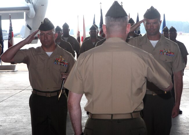 Sgt. Maj. Bradley W. Baiotto stepped up to take the position of senior enlisted advisor of Marine Medium Tiltrotor Squadron (VMM) 365, as Sgt. Maj. Jeffrew M. Cullen was relieved of his duties, Sept. 13. Cullen retired after having served 26 years in the Marine Corps. 