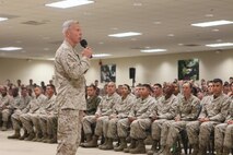 Gen. James F. Amos, commandant of the Marine Corps, and Sgt. Maj. Michael P. Barrett, sergeant major of the Marine Corps, speak to noncommissioned officers from Marine Corps Air Station New River and Camp Geiger at Ivy Hall, Sept. 17.