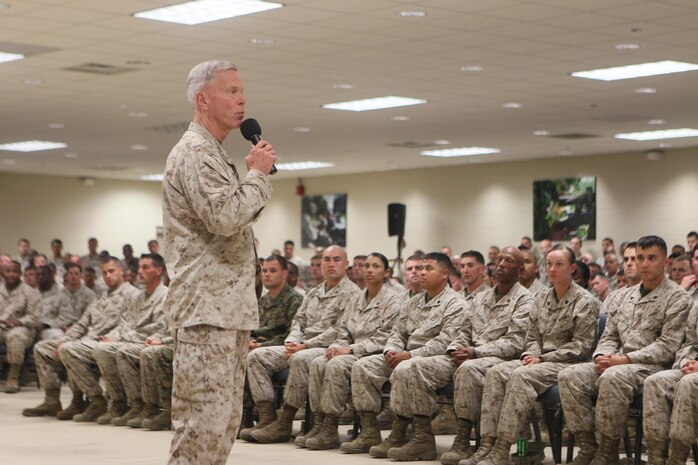 Gen. James F. Amos, commandant of the Marine Corps, and Sgt. Maj. Michael P. Barrett, sergeant major of the Marine Corps, speak to noncommissioned officers from Marine Corps Air Station New River and Camp Geiger at Ivy Hall, Sept. 17.